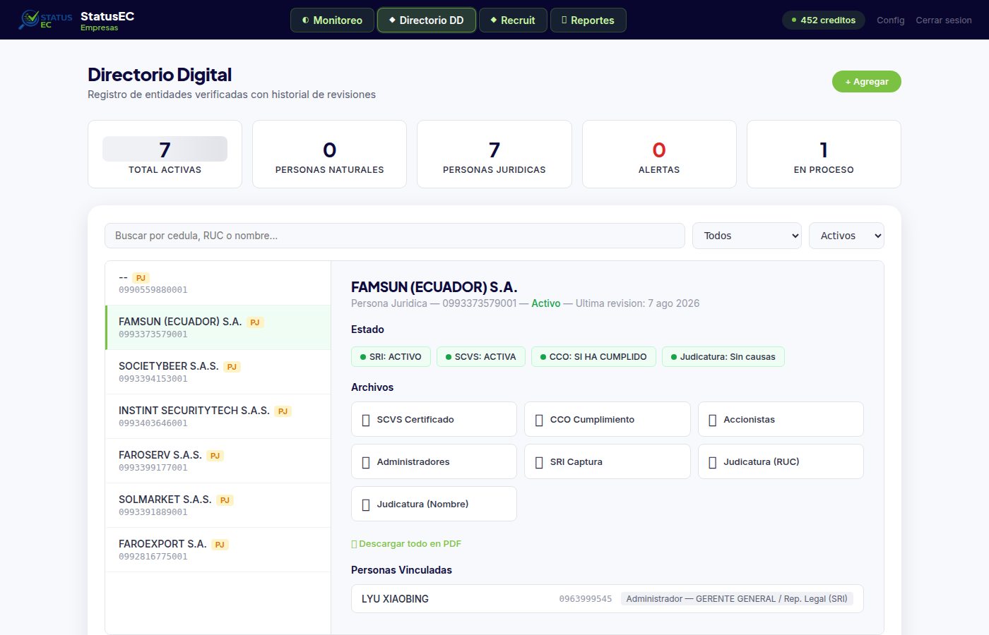 Directorio Digital de StatusEC mostrando detalle de empresa FAMSUN con estado SRI, SCVS, personas vinculadas y archivos